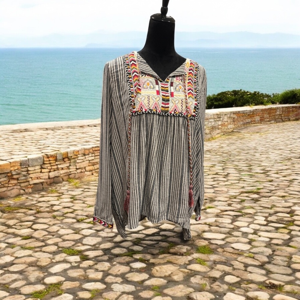Brandon Thomas Charcoal Striped Southwestern Style Peasant Blouse XL
